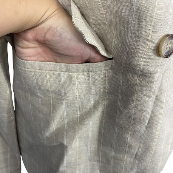 Joie Linen Blend Pinstripe Blazer M Beige Metallic Gold Double Breasted Pockets - Picture 8 of 11